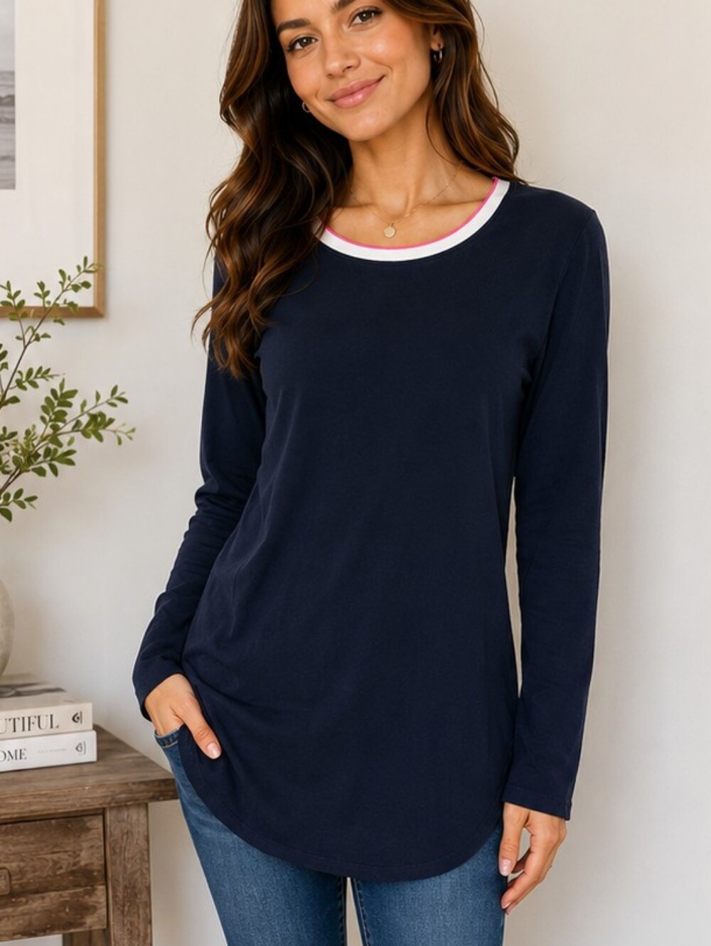Banana Republic Supima Cotton Long Sleeve Tunic Top Crewneck Navy Pink & White S